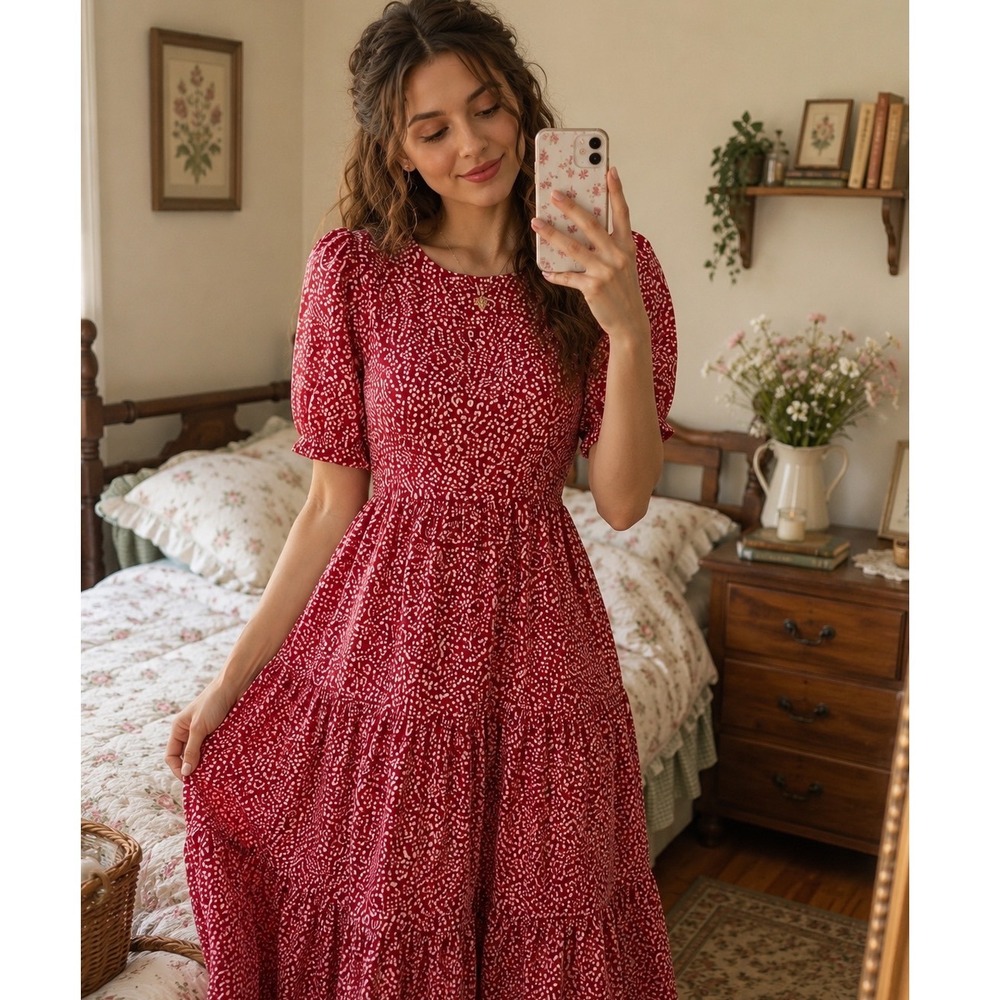 Red White Leopard Print Tiered Midi Dress Short Puff Sleeve Cottagecore Med
